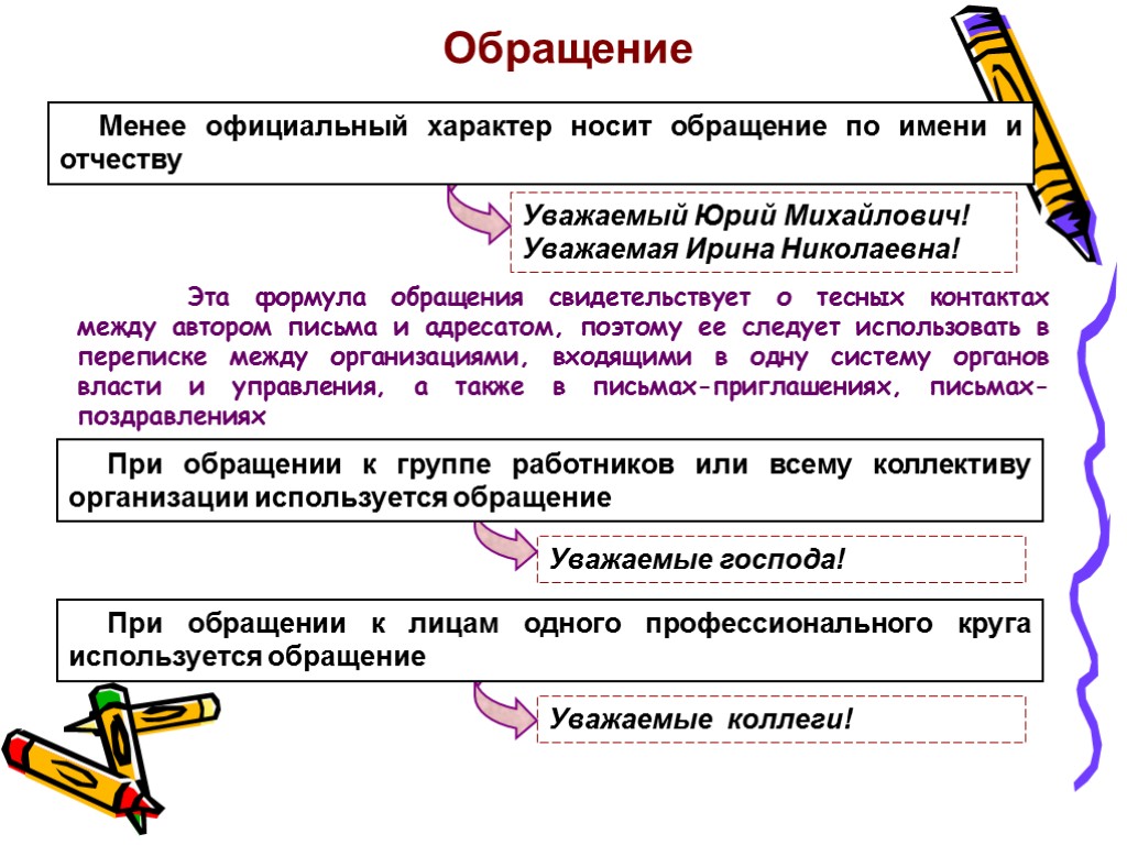 Обращение Уважаемый Юрий Михайлович! Уважаемая Ирина Николаевна! Менее официальный характер носит обращение по имени